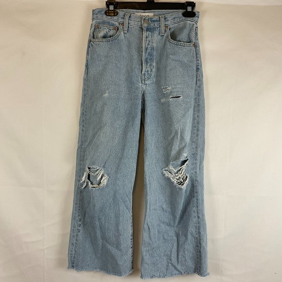 Etica Jeans 24 Light Blue Wide Cropped Leg Distressed Destroyed Button Fly - Picture 1 of 10